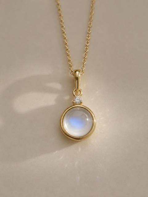 Rainbow Moonstone & Diamond Bezel Pendant in 14K Gold - lifestyle