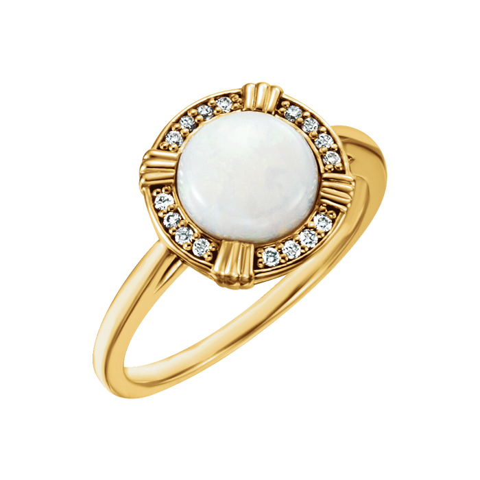 White Opal & Diamond Halo Ring in 14K Gold - front view