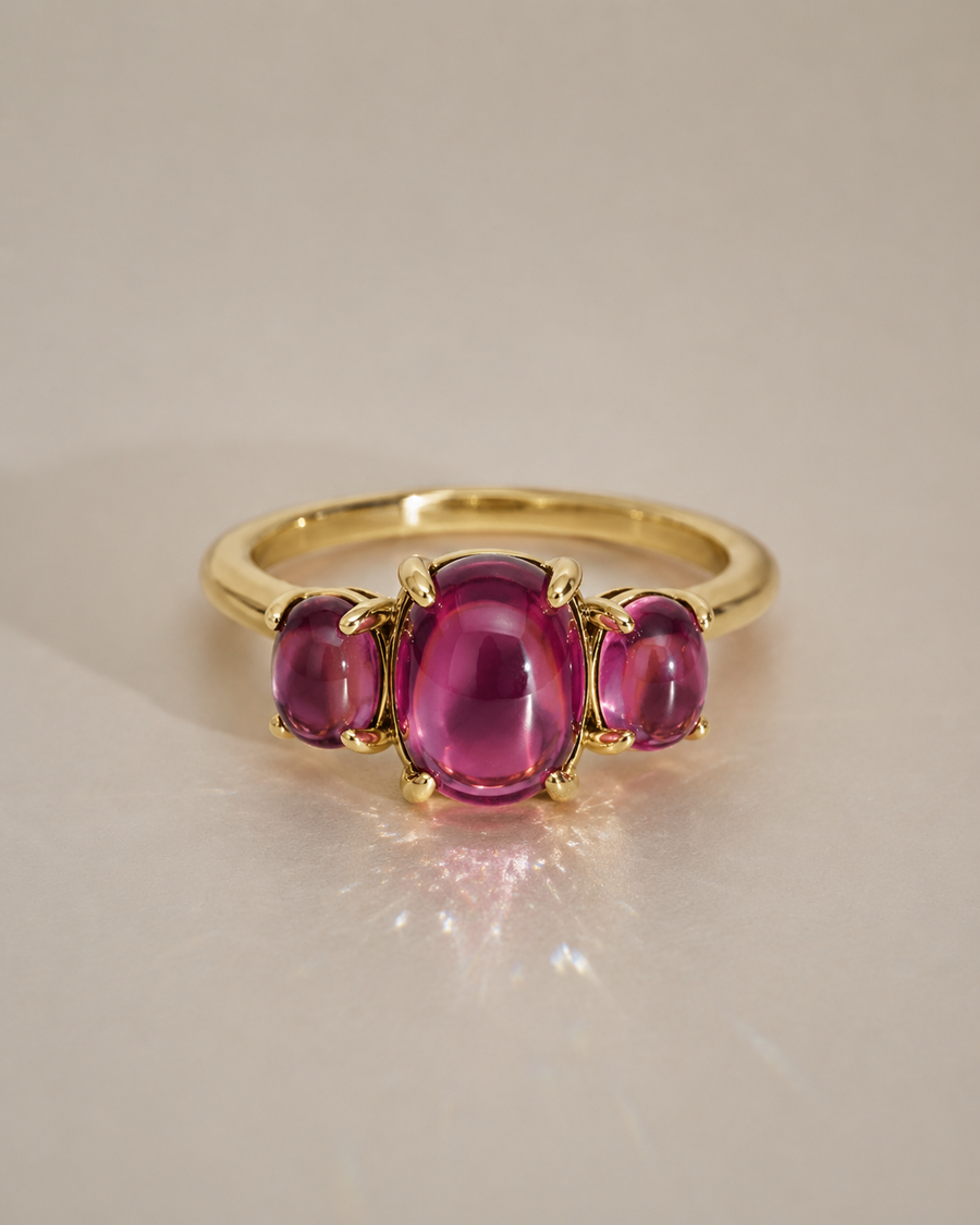 Birthstone Cabochon Ring - Natural Rhodolite Garnet in 14K Yellow Gold