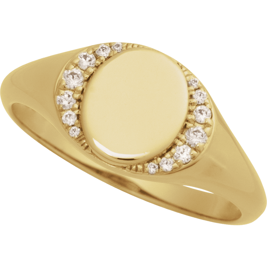 Diamond Halo Engravable Signet Ring in 14K Gold - angle view