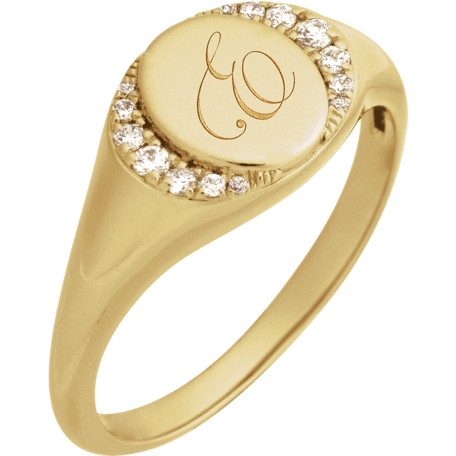 Diamond Halo Engravable Signet Ring in 14K Gold - engraved detail