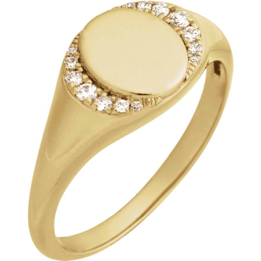 Diamond Halo Engravable Signet Ring in 14K Gold - front view
