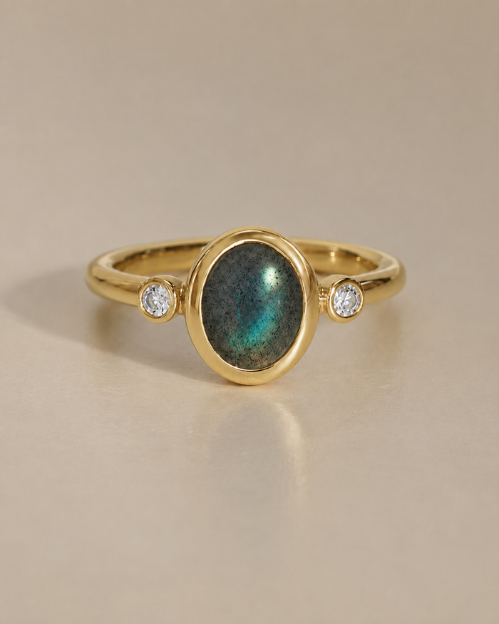 Labradorite Cabochon Ring with Diamond Accents in 14K Gold - lifestyle