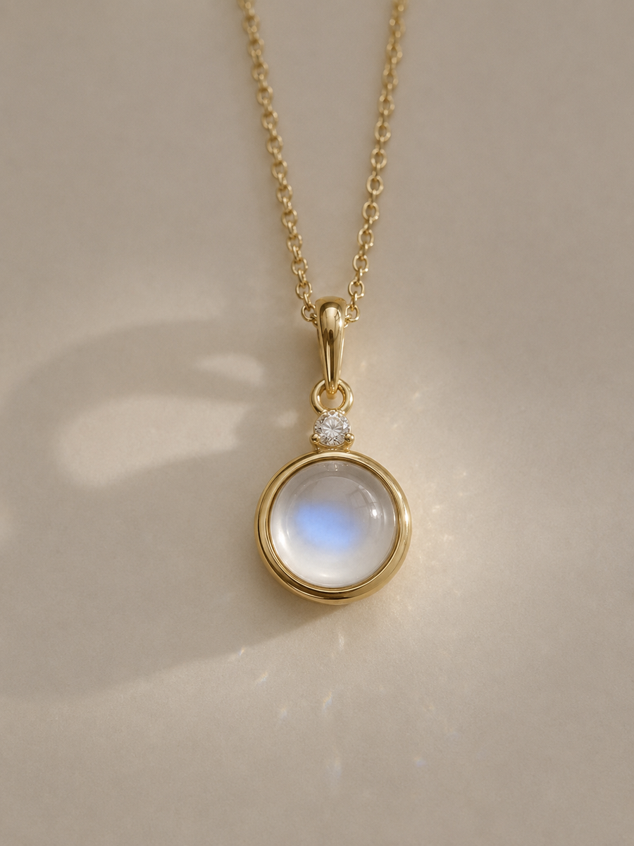 Rainbow Moonstone & Diamond Bezel Pendant in 14K Gold - lifestyle