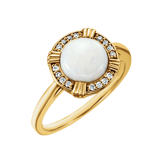 White Opal & Diamond Halo Ring in 14K Gold - front view